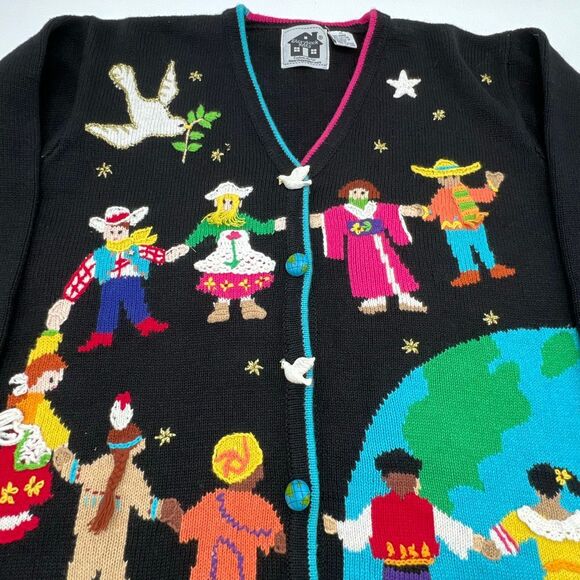 STORYBOOK KNITS Sweater Women's Medium Multicolor Cardigan Peace Love Diversity - Picture 2 of 15